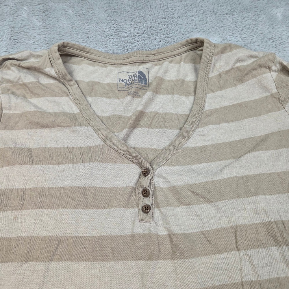 The North Face Henley Top Womens XL Roll Tab Sleeve Striped V-Neck Tan Cream XL